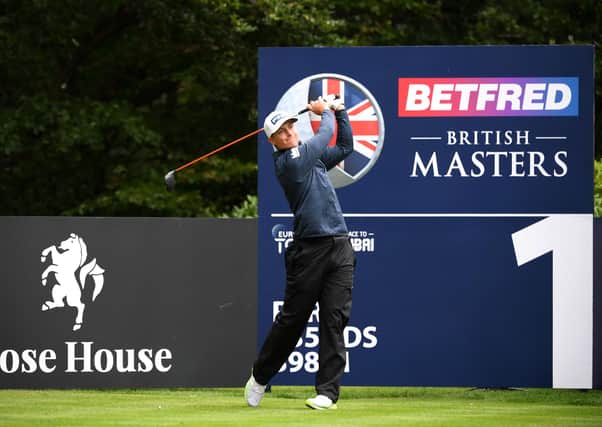 Calum Hill  plays his tee shot on the 1st hole during Day 1 of the Betfred British Masters at Close House Golf Club on July 22, 2020 in Newcastle upon Tyne, England. (Photo by Ross Kinnaird/Getty Images)