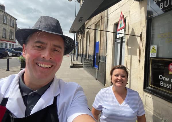 Burntisland butcher Tom Courts with Scottish comedian and television presenter Susan Calman. Tom's business will be featuring in a new channel 5 series.