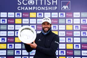 Adrian Otaegui of Spain poses with the trophy following his victory during day four of the Scottish Championship presented by AXA at Fairmont St Andrews. (Photo by Richard Heathcote/Getty Images)