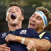 George Horne of Scotland celebrates scoring his team's seventh try with Jamie Ritchie of Scotland during the Rugby World Cup 2019 Group A game between Scotland and Russia . (Photo by Mike Hewitt/Getty Images)