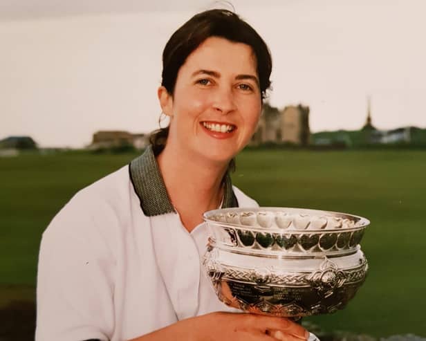 Elaine Moffat celebrating her 1998 Scottish Championship win