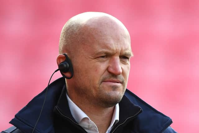 LLANELLI, WALES - OCTOBER 31: Scotland head coach Gregor Townsend looks on during the warm up during the 2020 Guinness Six Nations match between Wales and Scotland at Parc y Scarlets on October 31, 2020 in Llanelli, Wales. Sporting stadiums around the UK remain under strict restrictions due to the Coronavirus Pandemic as Government social distancing laws prohibit fans inside venues resulting in games being played behind closed doors. (Photo by Stu Forster/Getty Images)