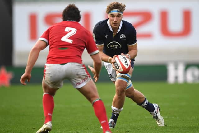 LLANELLI, WALES - OCTOBER 31: Scotland player Jamie Ritchie in action during the 2020 Guinness Six Nations match between Wales and Scotland at Parc y Scarlets on October 31, 2020 in Llanelli, Wales. Sporting stadiums around the UK remain under strict restrictions due to the Coronavirus Pandemic as Government social distancing laws prohibit fans inside venues resulting in games being played behind closed doors. (Photo by Stu Forster/Getty Images)