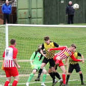 Newburgh find their route to goal blocked. Pic by Graham Strachan.