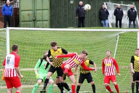 Newburgh find their route to goal blocked. Pic by Graham Strachan.
