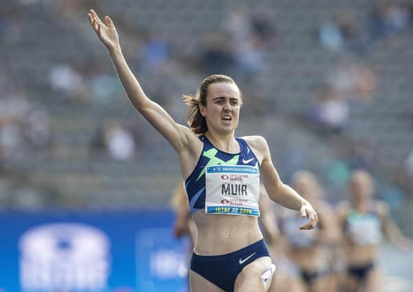 Laura Muir  crosses the finish line in the 1500m women's race during the ISTAF 2020 athletics meeting at Olympiastadion on September 13, 2020 in Berlin, Germany. (Photo by Maja Hitij/Getty Images)