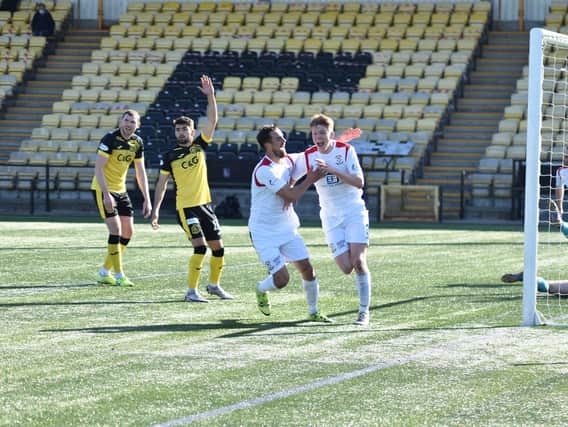 A delighted Aaron Steele wheels away after hitting East Fife's second. Pic by Kenny Mackay
