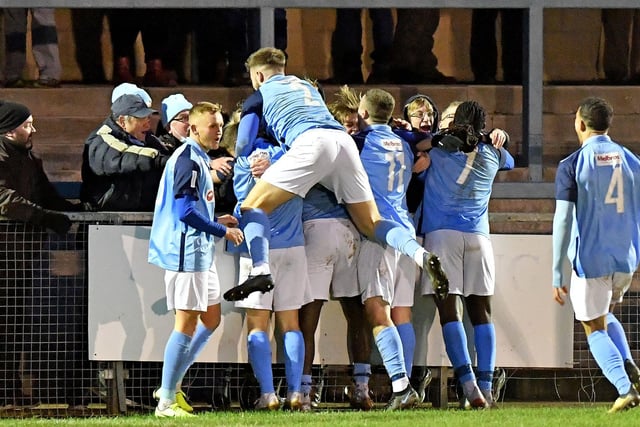 Rugby Town players celebrate their third goal with crowd   PICTURES BY MARTIN PULLEY