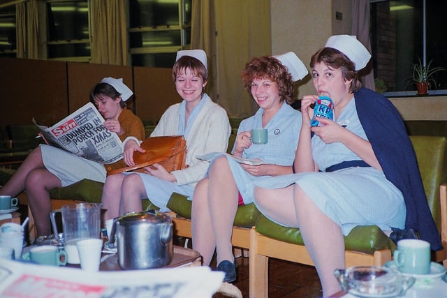 The picture, taken in 1983, shows nurses Karen Belson, Maggie Moore, Anita Downs and Jane Kew (left to right) enjoying a tea
break at the Peterborough District Hospital cafeteria. The friends all worked nights so their tea break would often be around 1am.