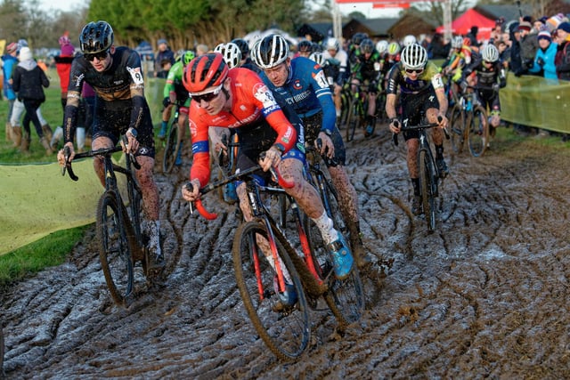 The cyclists competed on a boggy track
