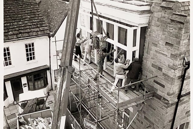 Work to replace windows at the Old Town Hall in March 1989