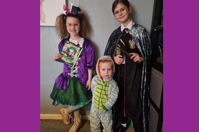 Alissa, Sofia and Zac as the Mad Hatter, Harry Potter in his invisibility cloak and a dinosaur.