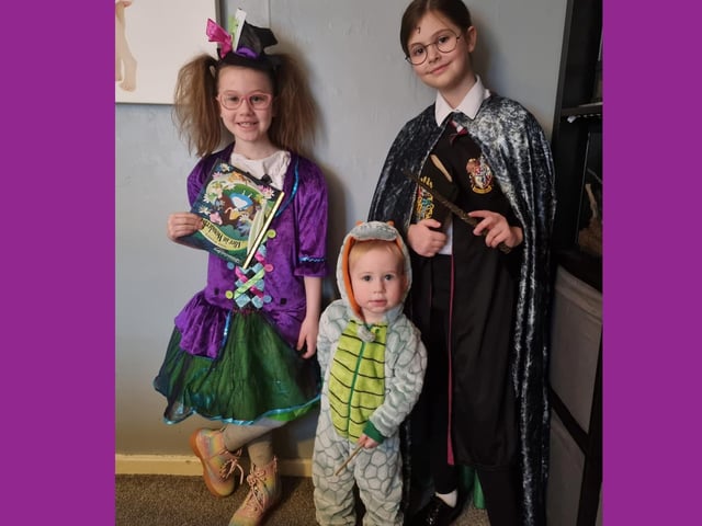 Alissa, Sofia and Zac as the Mad Hatter, Harry Potter in his invisibility cloak and a dinosaur.