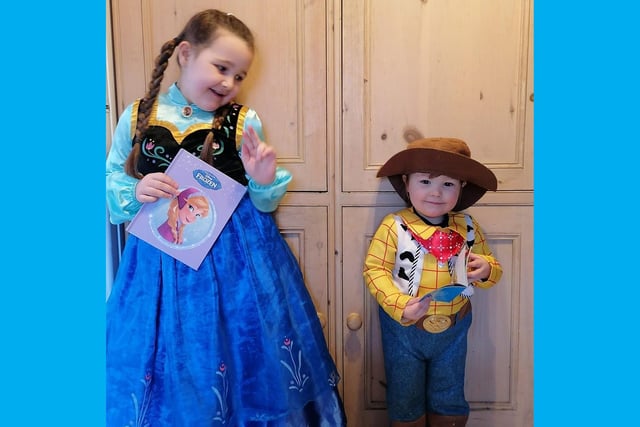 Bella-Rose Barrett 6 as Anna from Frozen and Jack Barrett 2 as Woody from Toy Story