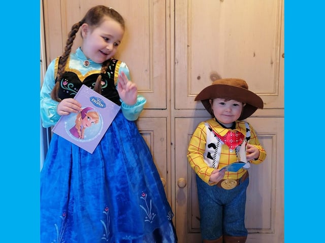 Bella-Rose Barrett 6 as Anna from Frozen and Jack Barrett 2 as Woody from Toy Story