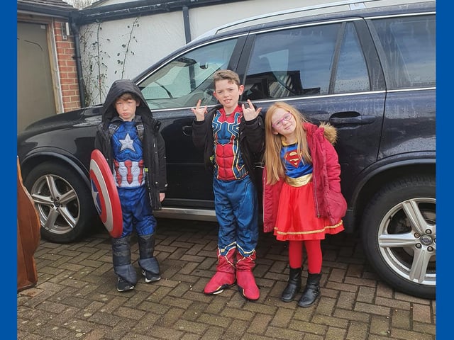 John, 8, as Captain America, William, 9, as Spider-Man and Isabella, 6 as Supergirl