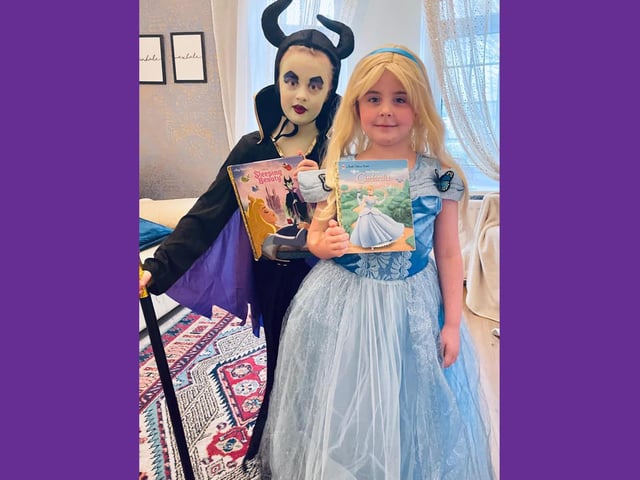 Emily and Lily dressed as Maleficent and Cinderella