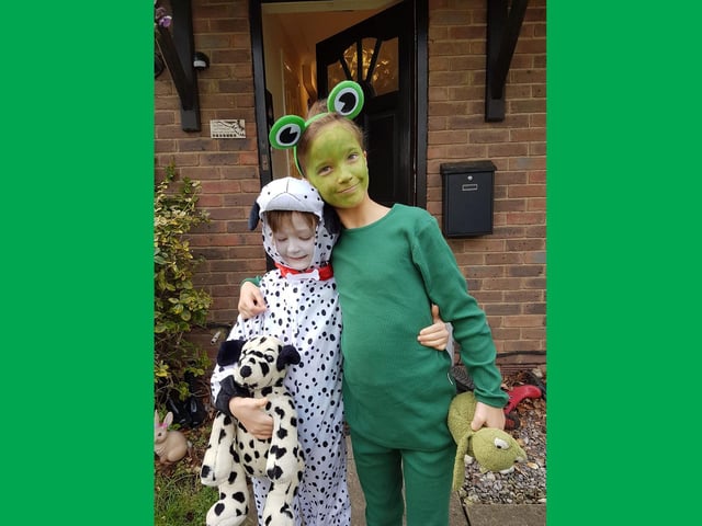 Emma and Chloe as a dalmation from The One Hundred and One Dalmations and Frog from Oi Frog!