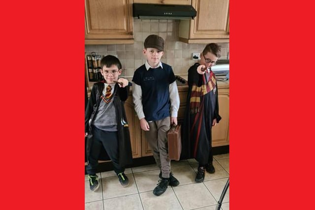 Elliott Edwards, Olly Austin and Oscar Austin as two Harry Potters and a refugee