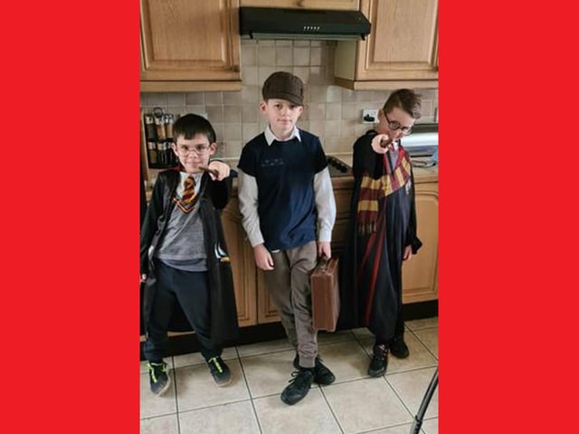 Elliott Edwards, Olly Austin and Oscar Austin as two Harry Potters and a refugee