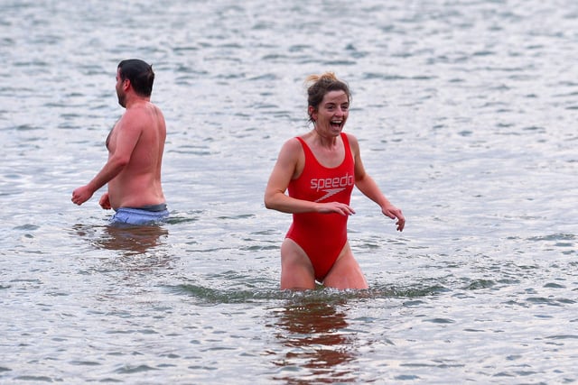 Enjoying a dip in the Swilly at the annual Christmas Day swim at Ludden beach, Buncrana. Photo: George Sweeney.  DER2151GS – 013
