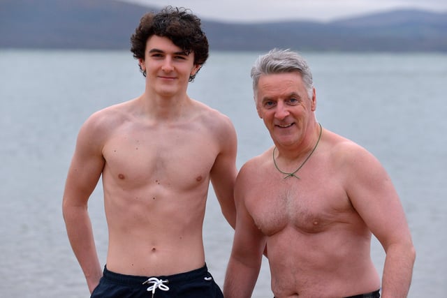 Daniel McAleer pictured with his dad Daniel at the annual Christmas Day swim at Ludden beach, Buncrana. Photo: George Sweeney.  DER2151GS – 029