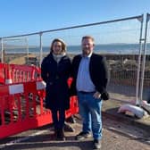 Leven's MSP Jenny Gilruth with Councillor Stefan Hoggan-Radu on Leven's promenade which has areas fenced off due to storm damage to the sea wall.  (Pic: Submitted)
