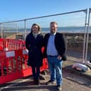Leven's MSP Jenny Gilruth with Councillor Stefan Hoggan-Radu on Leven's promenade which has areas fenced off due to storm damage to the sea wall.  (Pic: Submitted)