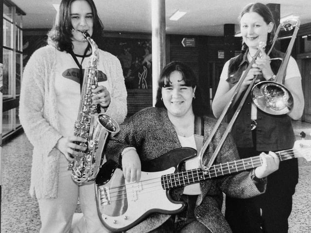 Tuning up in 1996 is this trio from Fife Youth Jazz Orchestra. Pictured are Angela and Rosanna Mancini with Morven Strain. The picture was taken by a staff photographer from the Glenrothes Gazette.