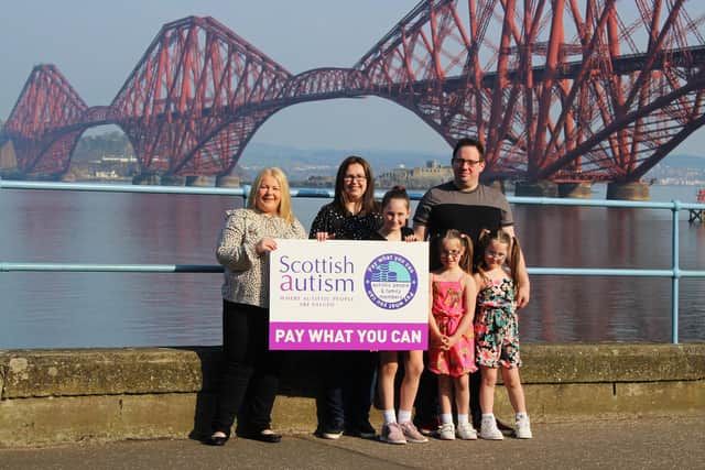 Pictured: Kerry-Ann MacDonald (left, events manager at Scottish Autism) and Scottish Autism fundraiser Gary Staerck, Tricia Staerck, and their daughters: Polly (10) and twins Scarlet and Amelia (6).