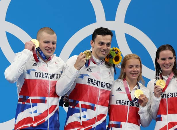 Kirkcadly’s Kathleen Dawson, far right, with teammates Adam Peaty, James Guy and Anna Hopkin. Picture: Getty