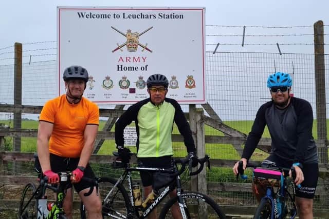 (L to R) Alfie Macdonald, Billy Henderson, Lee Davidson setting off for charity cycle from Leuchars Army base in Fife