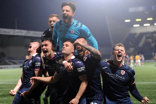 PENALTY JOY: Raith Rovers' players celebrate after a penalty shoot-out victory over Partick Thistle (Photo: Fife Photo Agency)