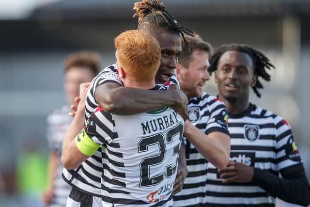 Queen's Park players celebrating Nigerian international Stephen Eze's goal against Raith Rovers at Ochilview Park on Saturday (Pic: Ian Cairns)