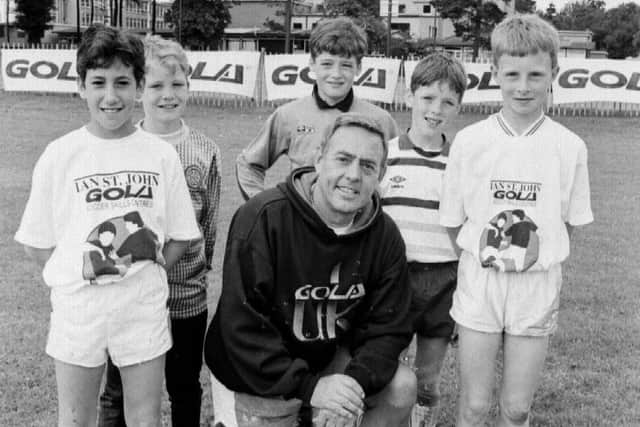 Former Liverpool and Scotland star Ian St John hosting his annual soccer camp, staged at Kirkcaldy High School in summer holidays, late 1980s (Pic: Bill Dickman/.Fife Free Press)