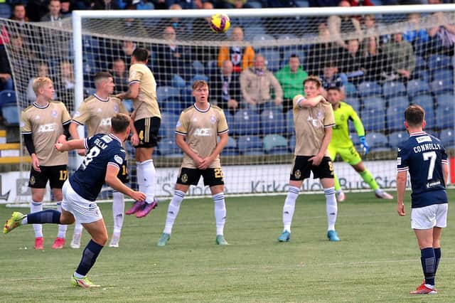 Jamie Gullan scoring for Raith Rovers against Cove Rangers with a free-kick from the edge of the box (Pic: Fife Photo Agency)