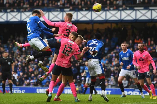 Rangers' Connor Goldson scores to make it 1-0 to Rangers against Raith Rovers (Photo by Craig Foy/SNS Group)