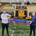 Mark Ashmore (right) exchanges scarves with East Fife boss Greig McDonald before watching game at his 42nd and final Scottish league ground