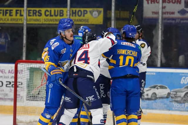 Ben Hawerchuk and Collin Shirley in the thick of the action against Dundee Stars (Pic: Jillian McFarlane)