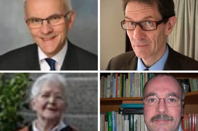 Four academics at the University of St Andrews have been recognised in the New Year's Honours.  Clockwise from top left, Professor David Crossman, Professor Colin Kidd, Professor Rab Houston and Lorna Walker.