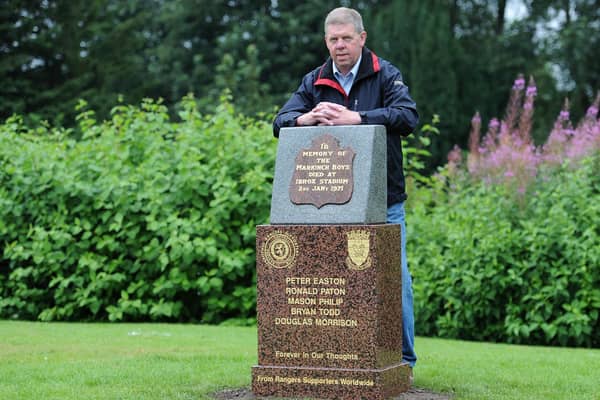 Shane Fenton at the memorial stone for locals who died at the Ibrox disaster in 1971. (Pic: Fife Photo Agency)