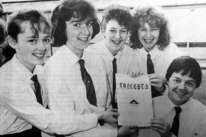 Balwearie High School pupils made a profit of £64 after a successful year running a  business called 'Concepts' as part of the Youth Enterprise Scheme in 1988. 
From left: Alison Luke, Patricia Wright, Alison Dack, Jacqueline Horn and Donald Payne.