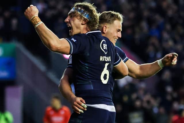 Duhan van der Merwe celebrating one of his three tries against England on Saturday with Jamie Ritchie (Photo by Ross MacDonald/SNS Group/SRU)