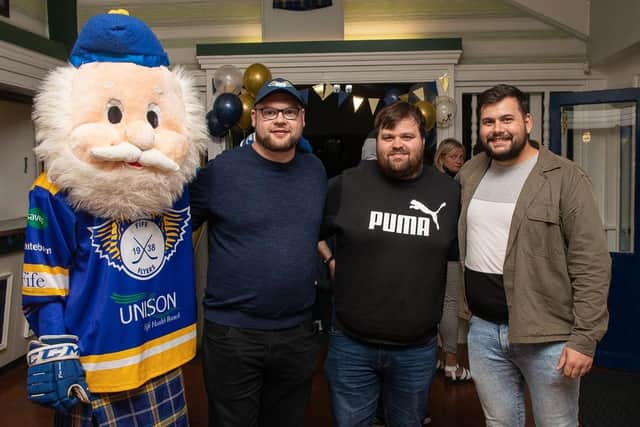 Pictured with mascot Geordie Munro are the team behind the podcast: Chris Taylor,  Calum McLean and Ben Neighbours (Pic: Derek Young)
