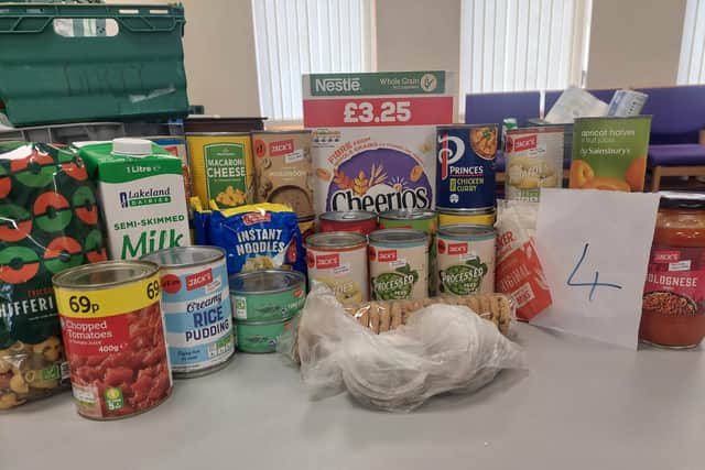 This shows the food made available showing a parcel of food to feed four people (Pic: Helen Shaw/Burntisland and Kinghorn Foodbank)