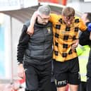 HAMILTON, SCOTLAND - MAY 12: East Fife's Sam Denham goes off injured and has to be helped off during a cinch League One play-off semi-final second leg match between Clyde and East Fife at New Douglas Park, on May 12, 2023, in Hamilton, Scotland.  (Photo by Craig Foy / SNS Group)