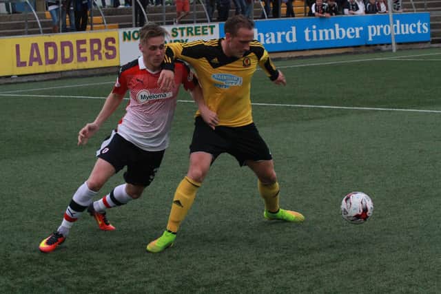 Cove Rangers' John Smith holding off Raith Rovers' Kevin McHattie during the Fifers' only win to date against the Aberdonians back in July 2016 (Pic: Richard Forbes)