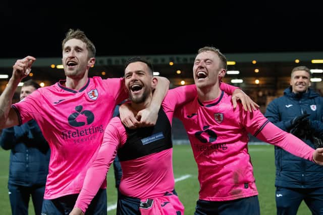 Raith stars Ryan Nolan, Dylan Easton and Ross Millen celebrate reaching cup final (Pic by Ross Parker/SNS Group)
