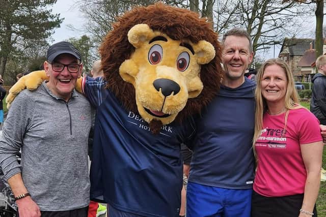 Keith Traill, Lee Cessford and Michelle Johnstone with Raith Rovers mascot Roary Rover at Kirkcaldy Parkrun, which was celebrating its ninth anniversary (Submitted pics)