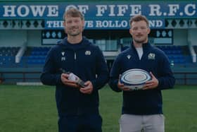 Peter Horne, left, and younger brother George at Cupar’s Duffus Park to promote the Famous Grouse and Scottish Rugby’s new Characterful Clubhouse Fund (Image: Famous Grouse)